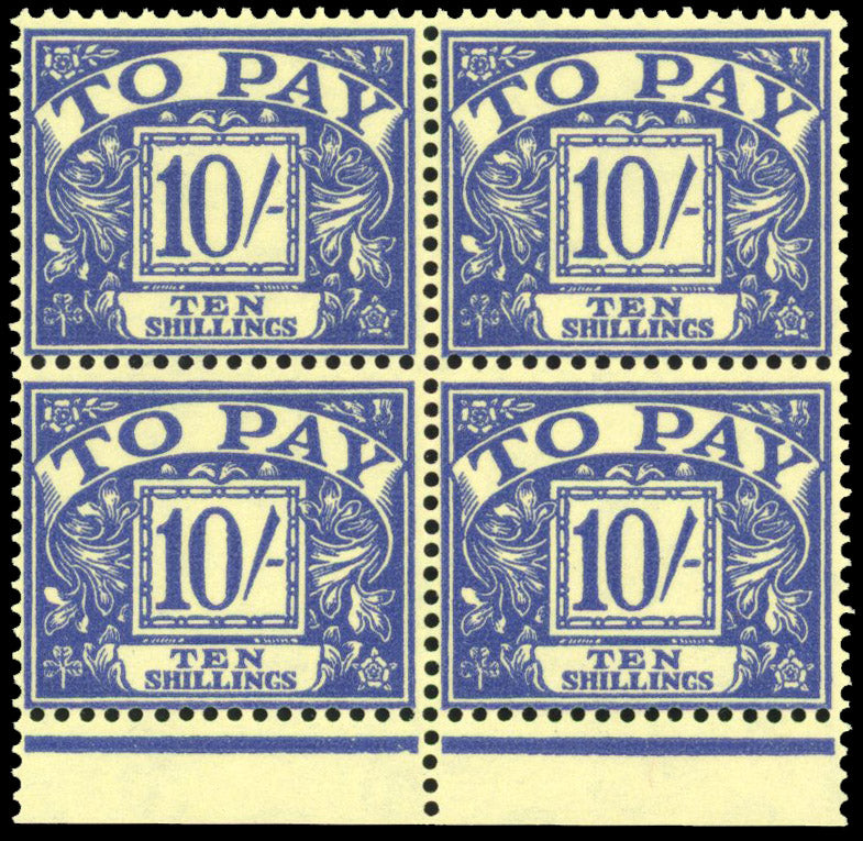 Great Britain 1961 10 Shillings Postage Due Inverted Watermark Block of Four