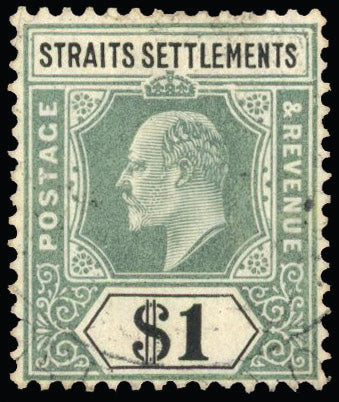 MALAYA STRAITS SETTLEMENTS SG 136a Used 1904-10 $1 variety Damaged frame and crown