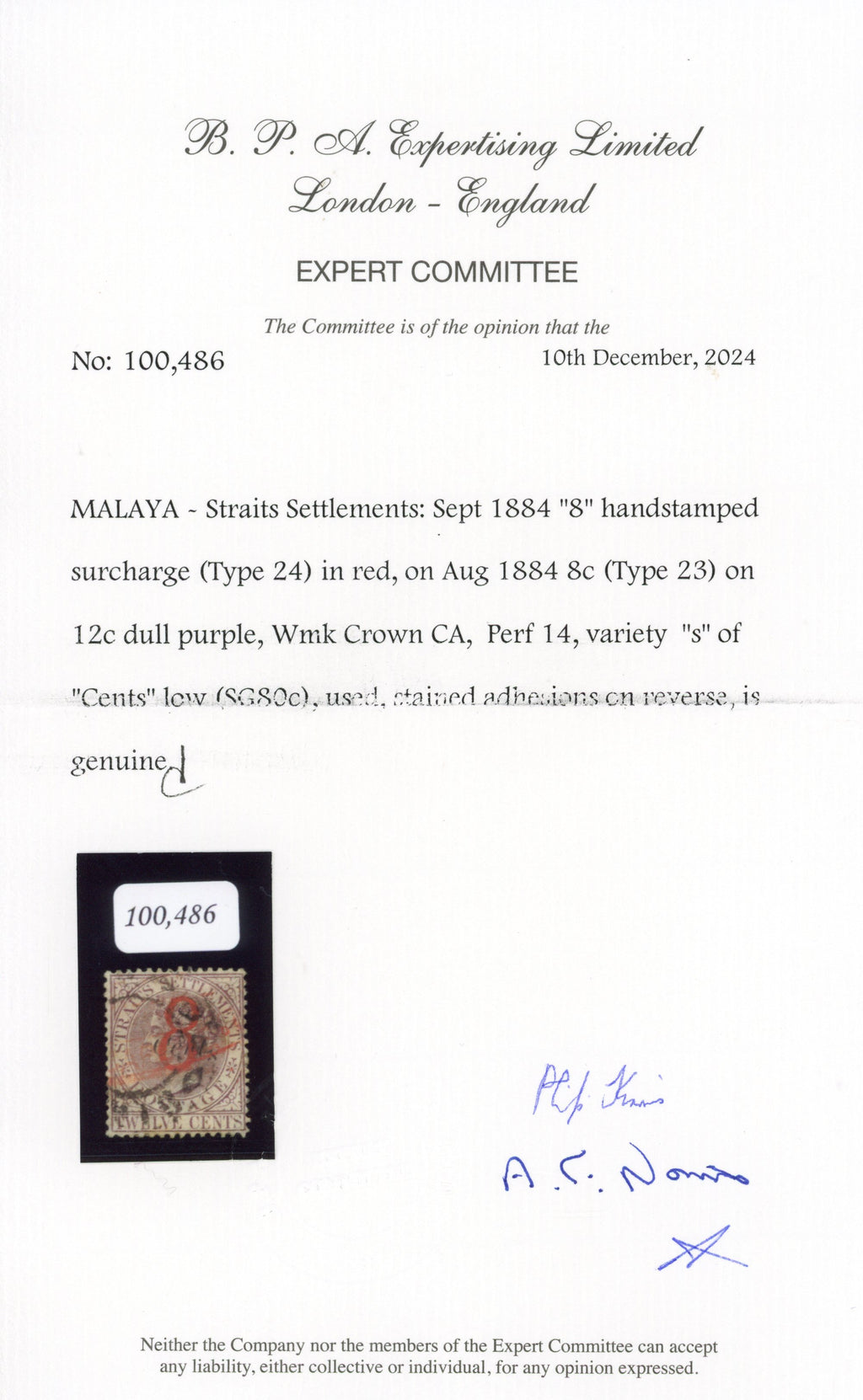 MALAYA STRAITS SETTLEMENTS SG 80c Used 1884 8 on 8c on 12c variety s of Cents low