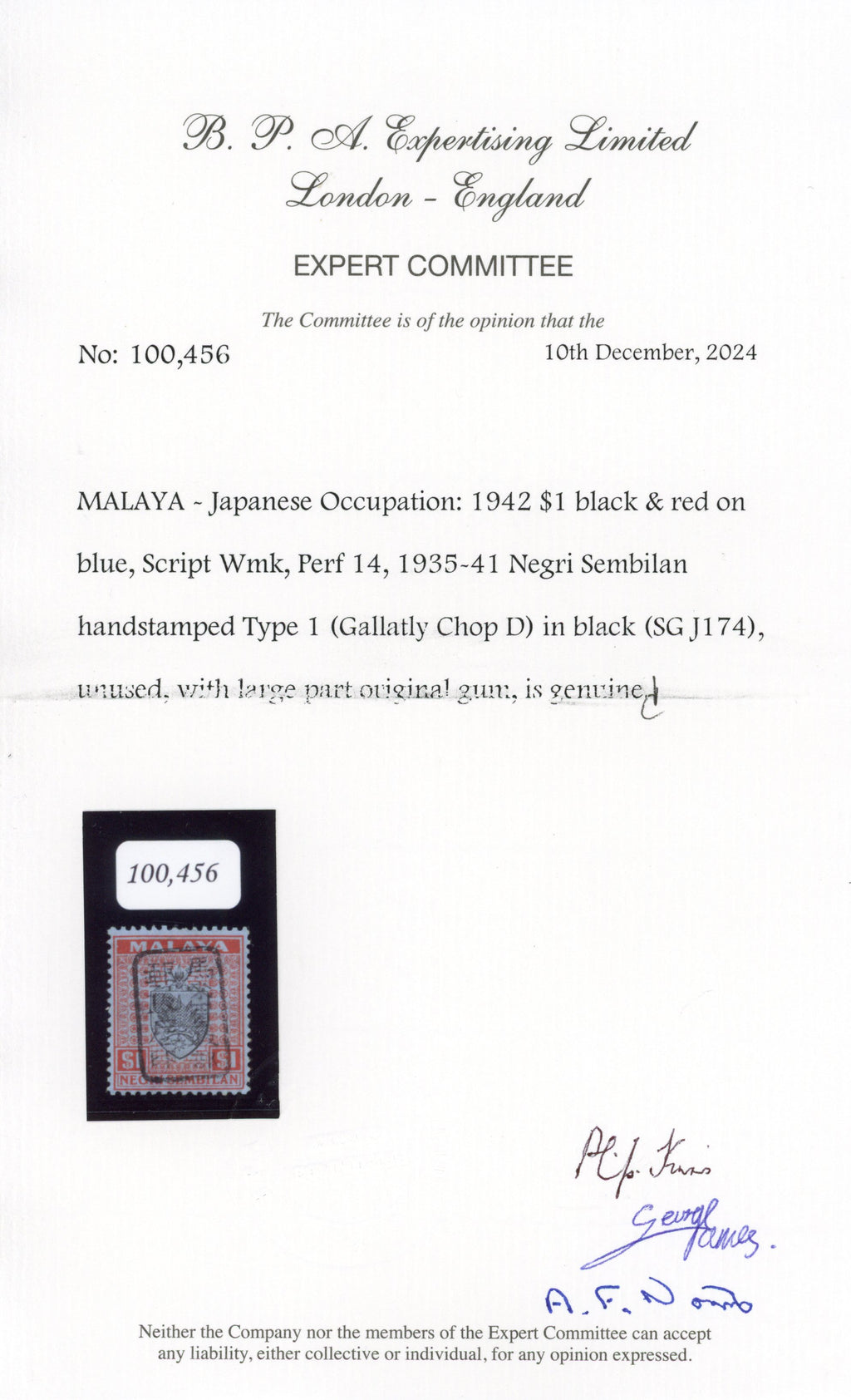MALAYA JAPANESE OCCUPATION SG J174 Mint 1942 Negri $1 chop D in black