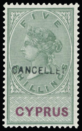 Cyprus Revenue 1881 5s Green & Violet wmk script VR, 'CANCELLED' Podger BR 15
