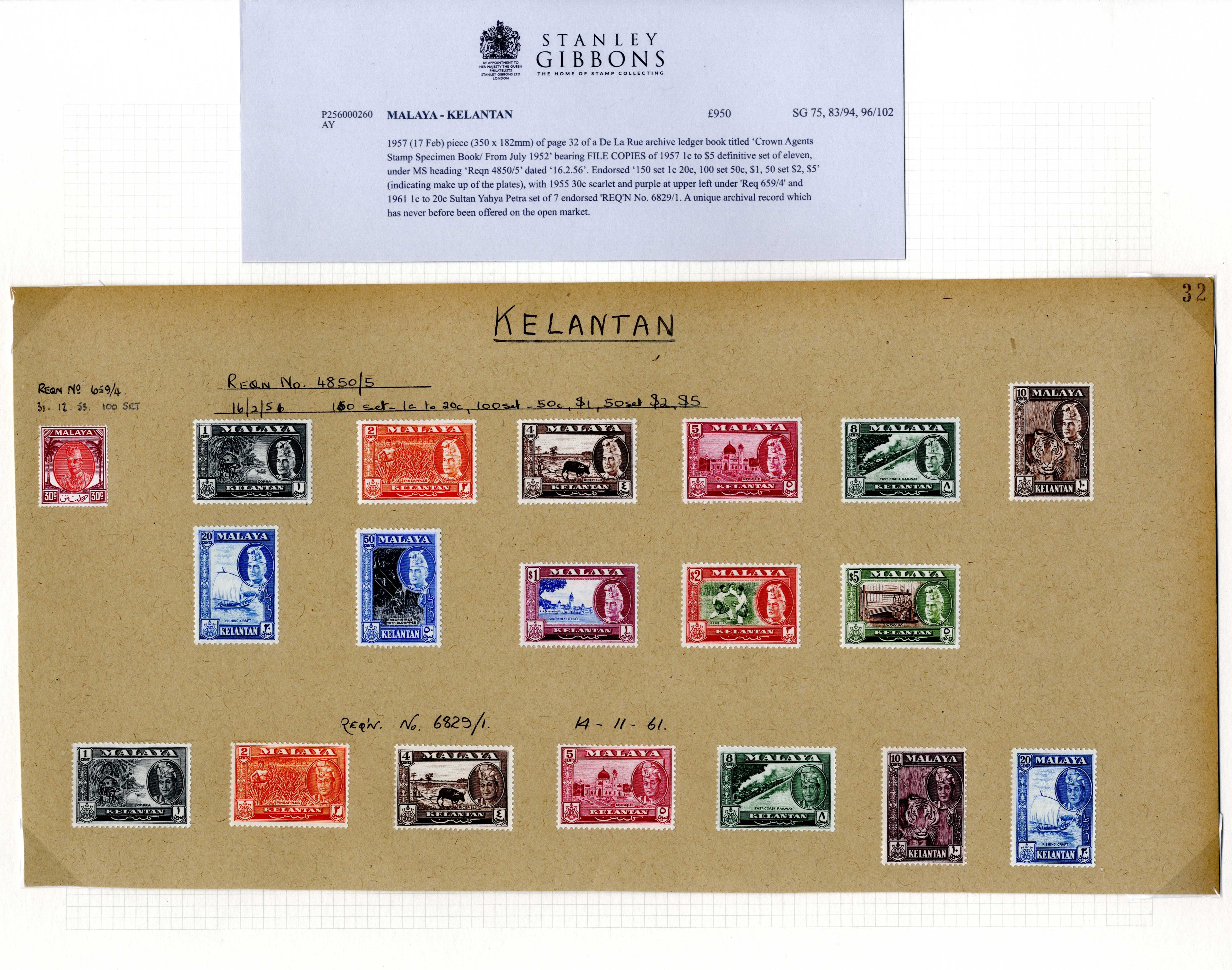 Malaya Kelantan 1957 SG 75, 83/94, 96/102 De La Rue archive ledger