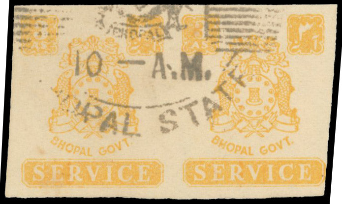 I.F.S. BHOPAL SG O354a Used 1944-49 Official 3a yellow IMPERF PAIR