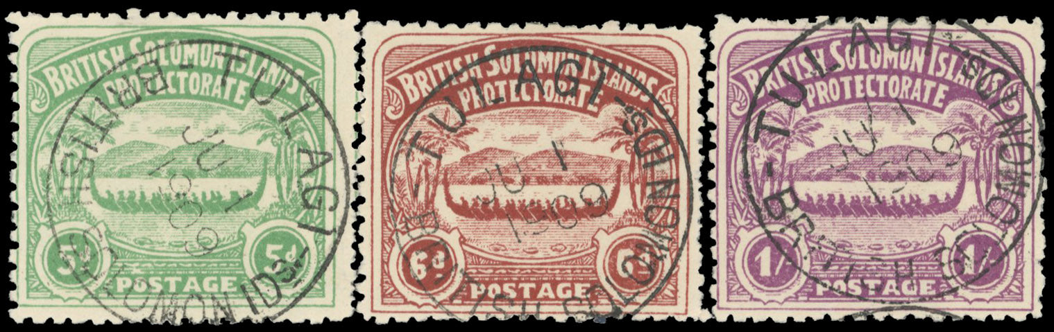 British Solomon Islands SG 5/7 Used 1907 Large Canoe 5d, 6d, 1s