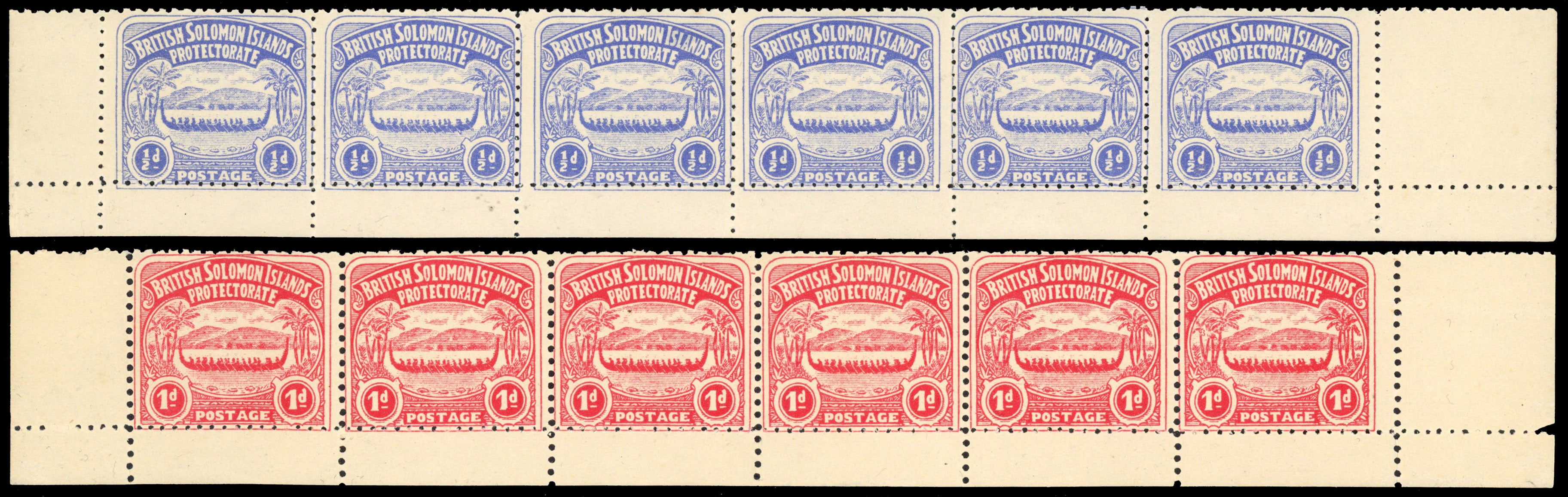 British Solomon Islands SG 1, 2 Mint 1907 Large Canoe ½d, 1d matching strips