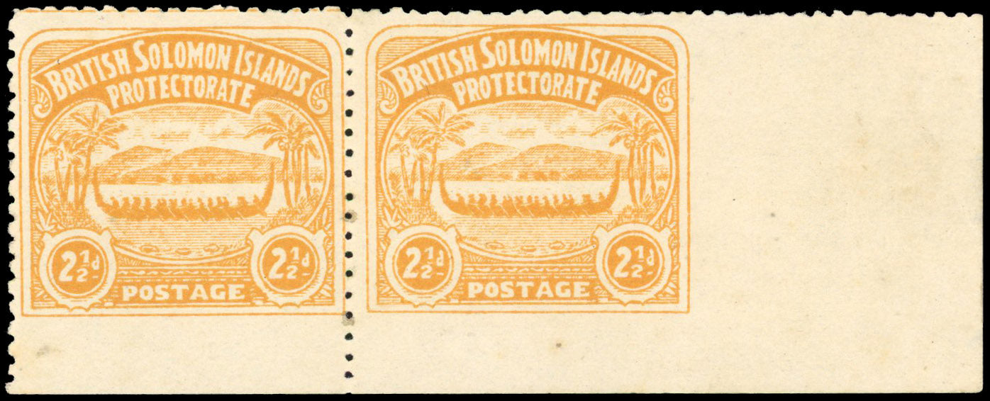 British Solomon Islands SG 4 var Mint 1907 Large Canoe 2½d orange-yellow error imperf between stamp and both margins