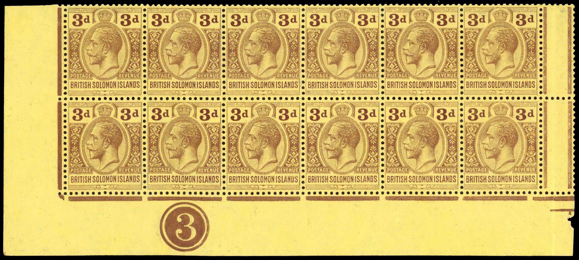 British Solomon Islands SG 28 Unmounted Mint 1914-23 3d purple/pale yellow wmk MCA plate block