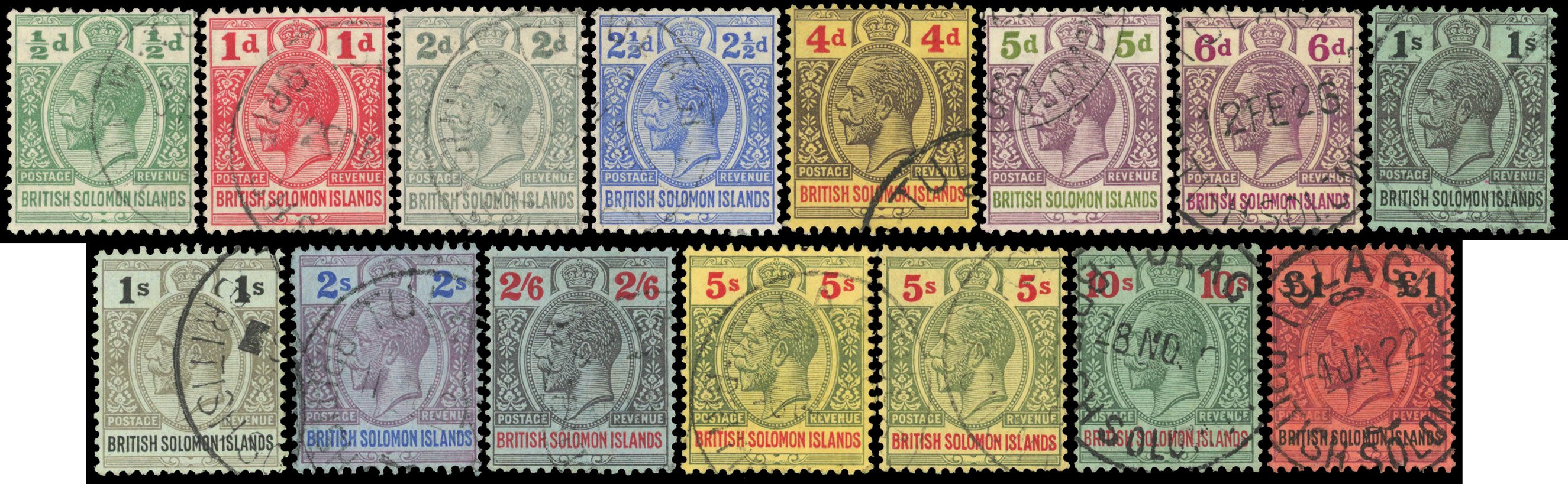 British Solomon Islands SG 22/38 excl 28 Used 1914-23 set to £1 less 3d