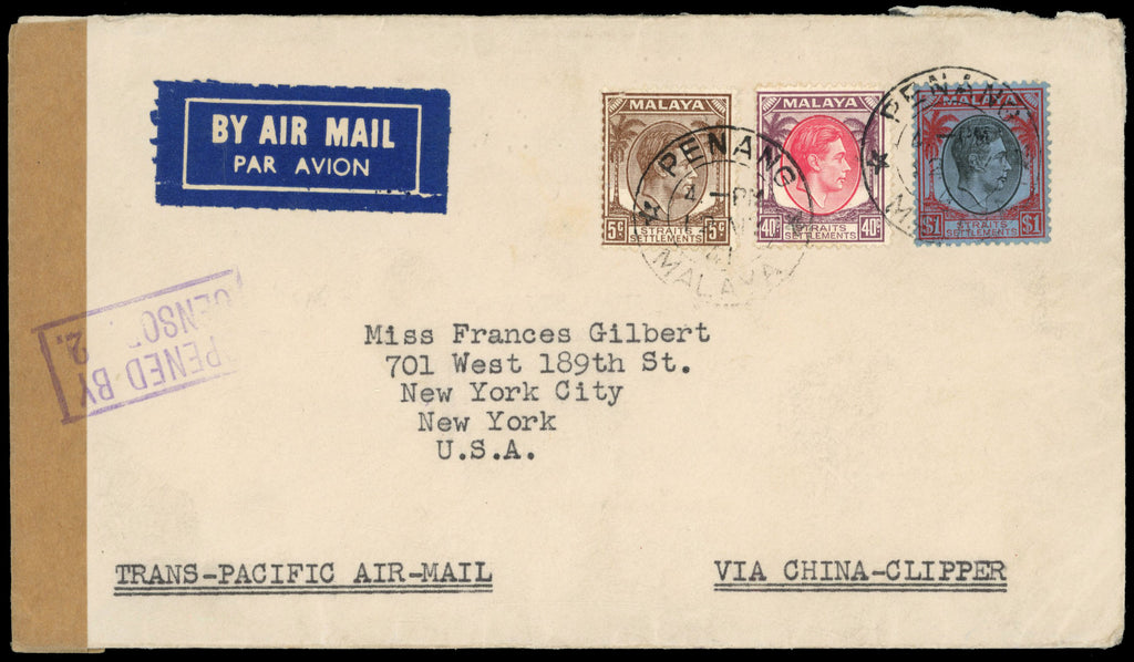 Malaya Straits Settlements 1941 Clipper cover from Penang to New York $1.45 rate