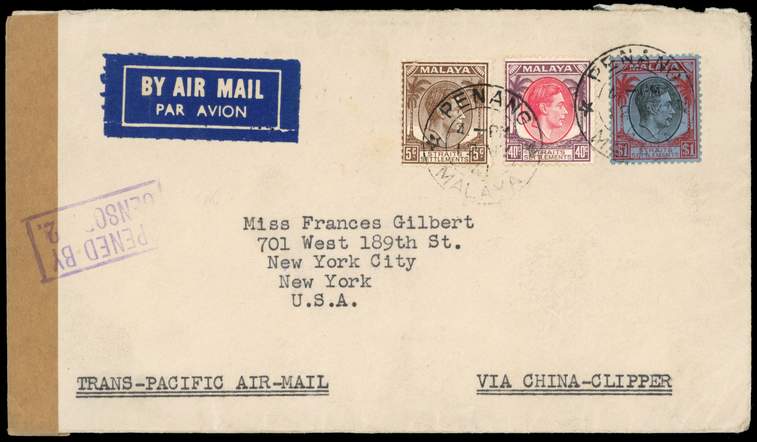 Malaya Straits Settlements 1941 Clipper cover from Penang to New York $1.45 rate