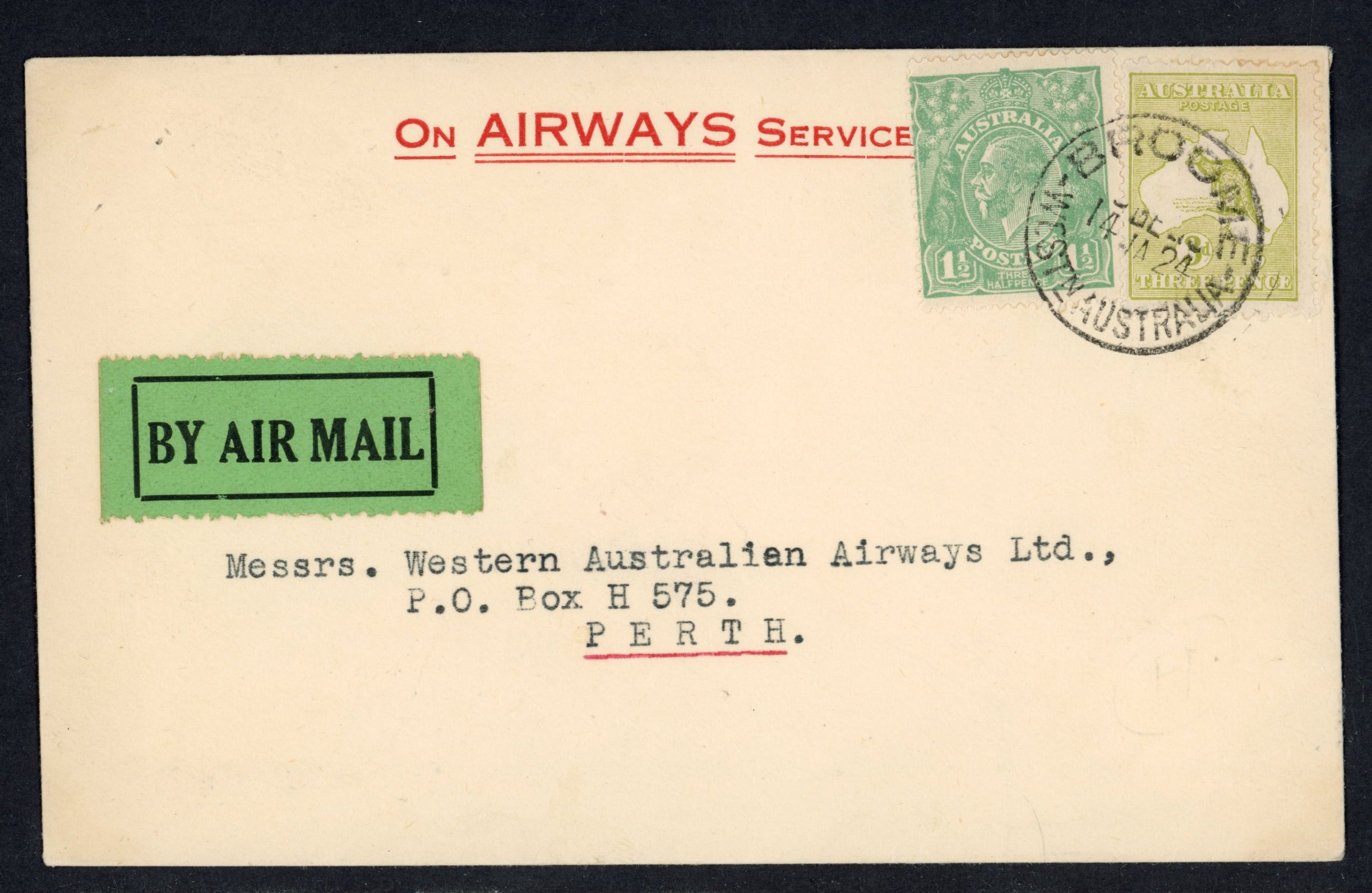 Australia 1924 flight cover from Broom to Perth