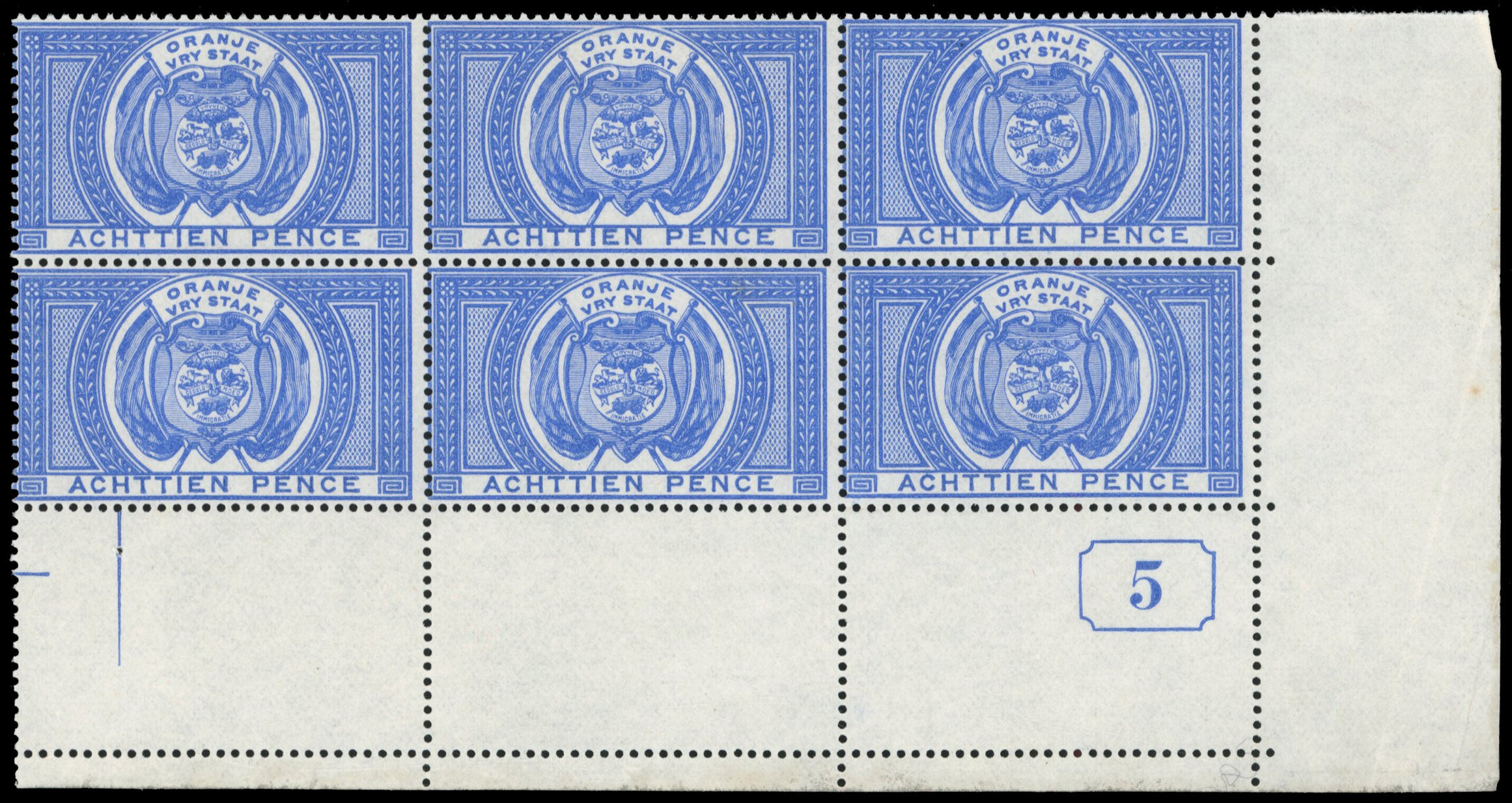 Orange Free State SG F5 Unmounted Mint 1882-86 postal fiscal 1s6d blue current number block