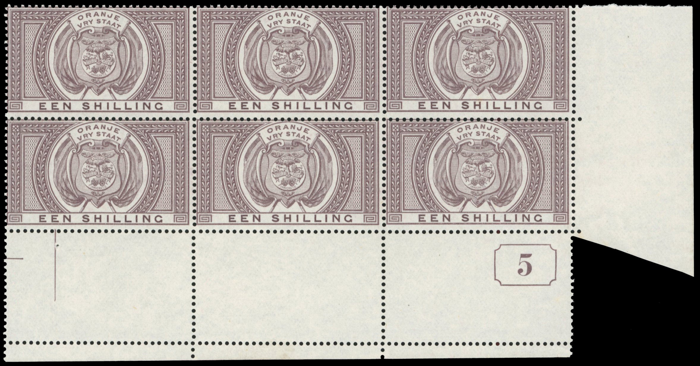 Orange Free State SG F3 Unmounted Mint 1882-86 postal fiscal 1s purple-brown current number block