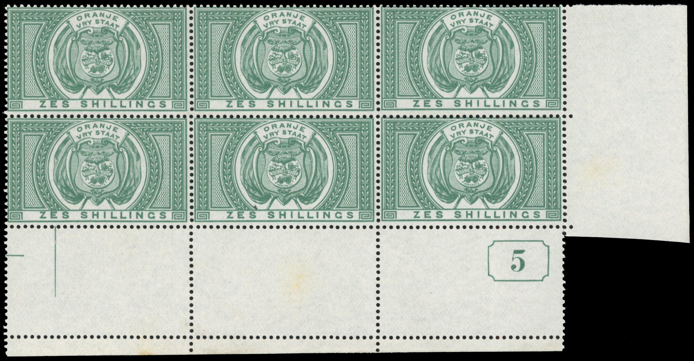 Orange Free State SG F10 Unmounted Mint 1882-86 postal fiscal 6s green current number block