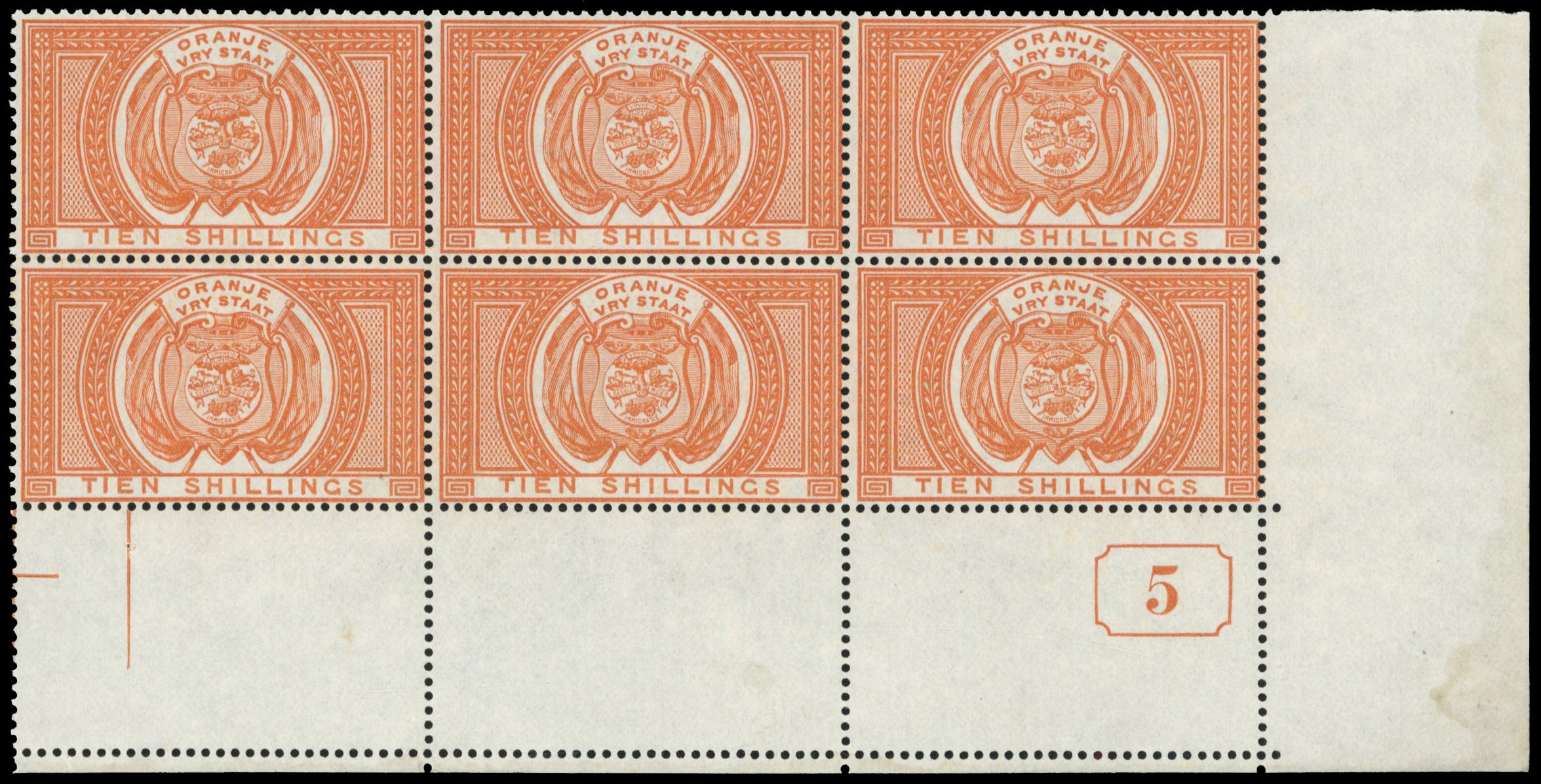 Orange Free State SG F12 Unmounted Mint 1882-86 postal fiscal 8s yellow current number block
