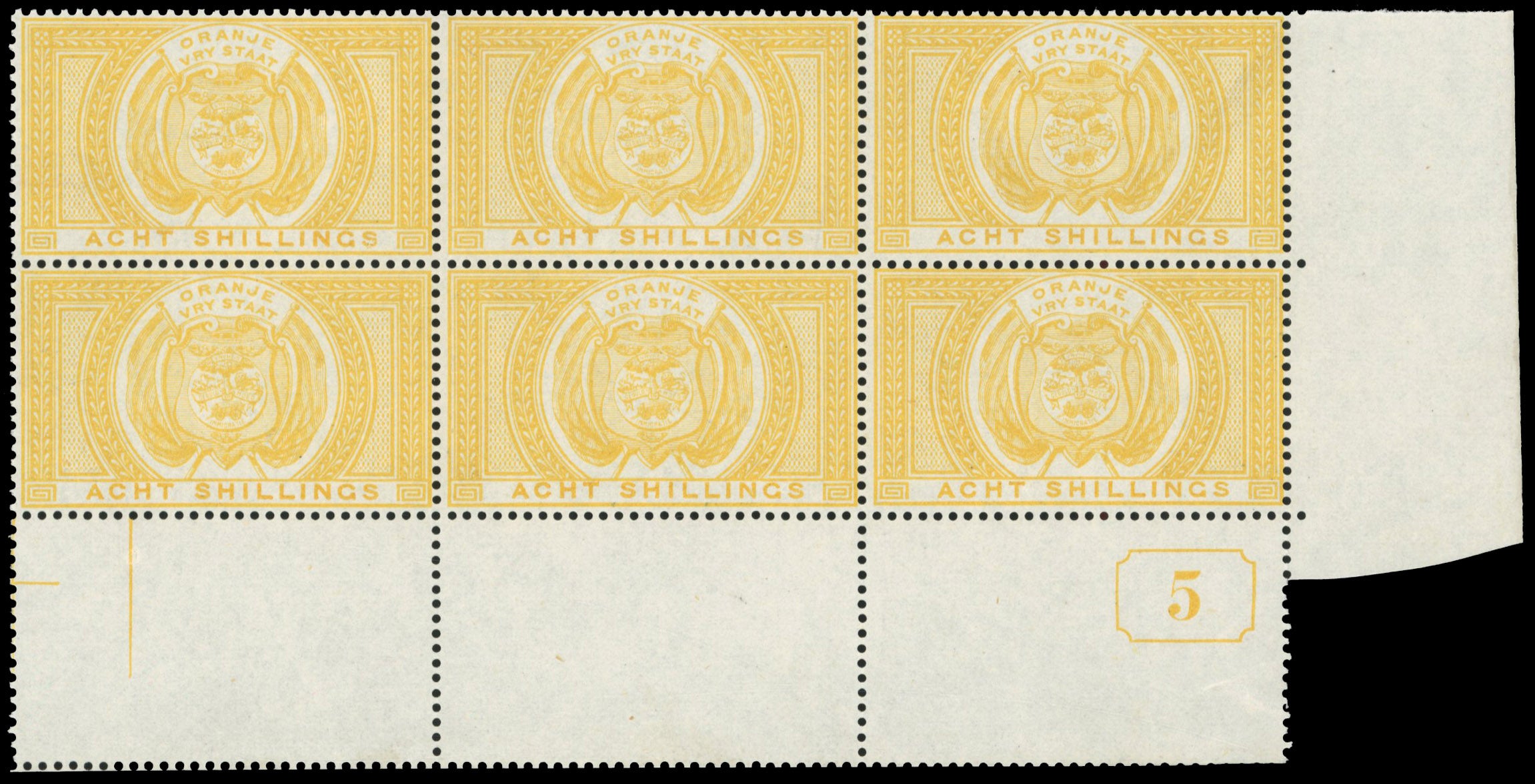 Orange Free State SG F11a Unmounted Mint 1882-86 postal fiscal 8s yellow current number block