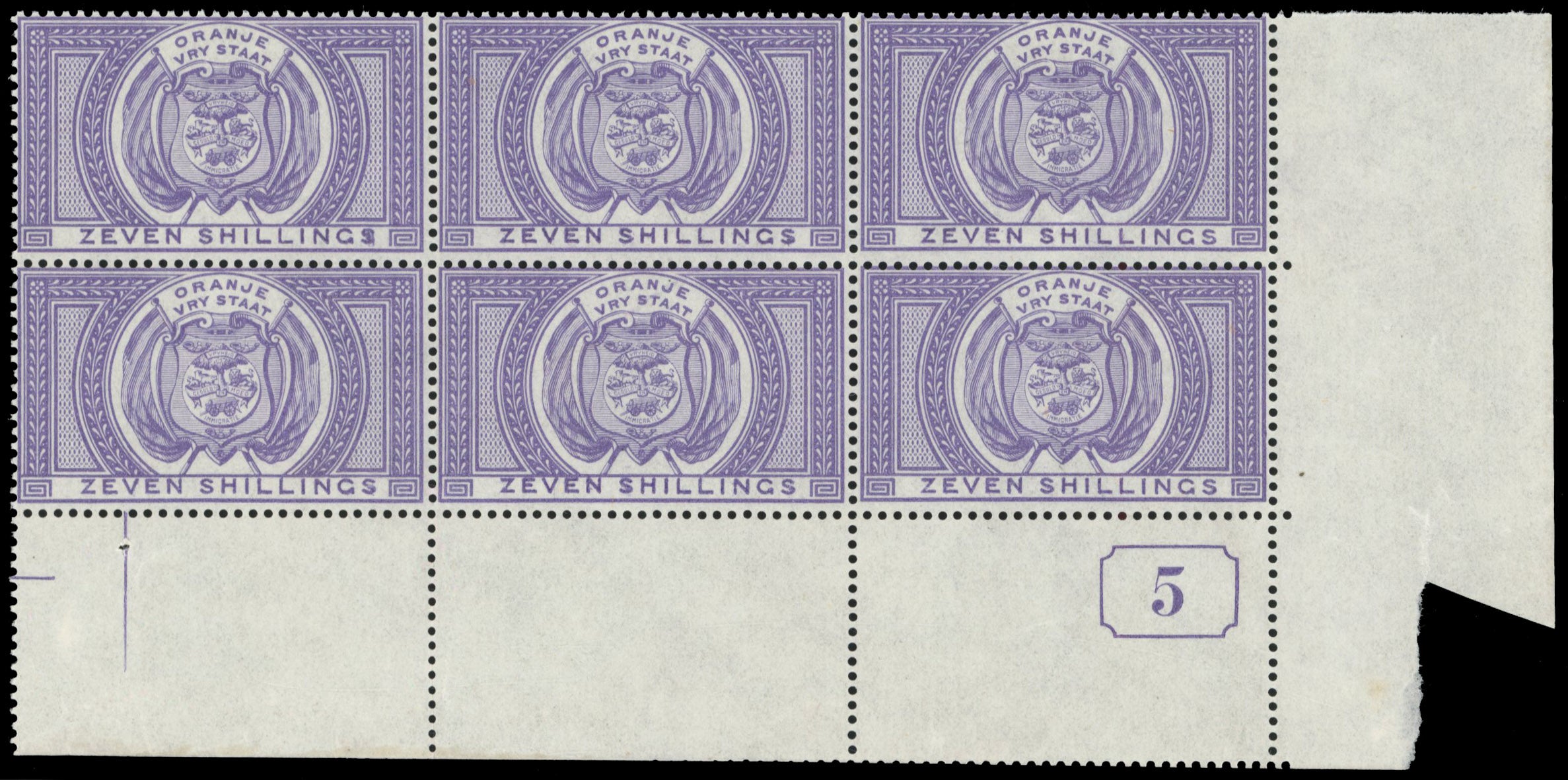 Orange Free State SG F11 Unmounted Mint 1882-86 postal fiscal 7s violet current number block