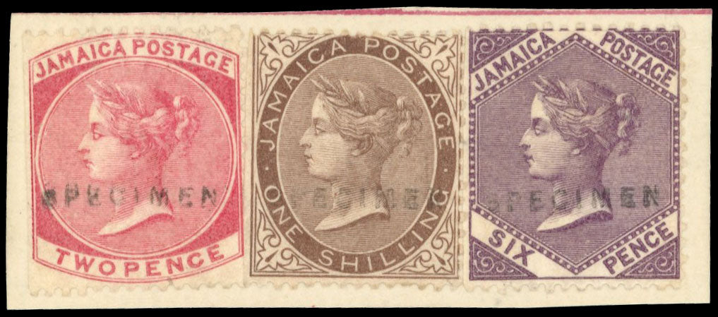 Jamaica SG 2, 5, 6 Specimen 1860-70 QV 2d, 6d, 1s