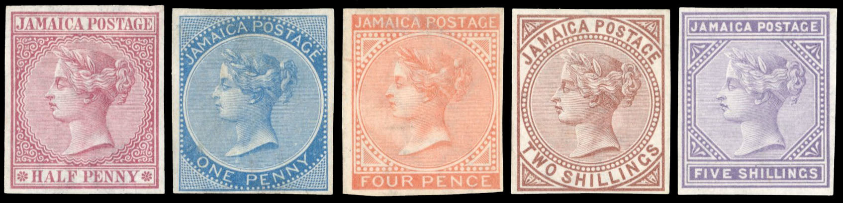 Jamaica SG 7/15 btwn Proof 1870-83 QV ¬Ωd to 5s imprimaturs