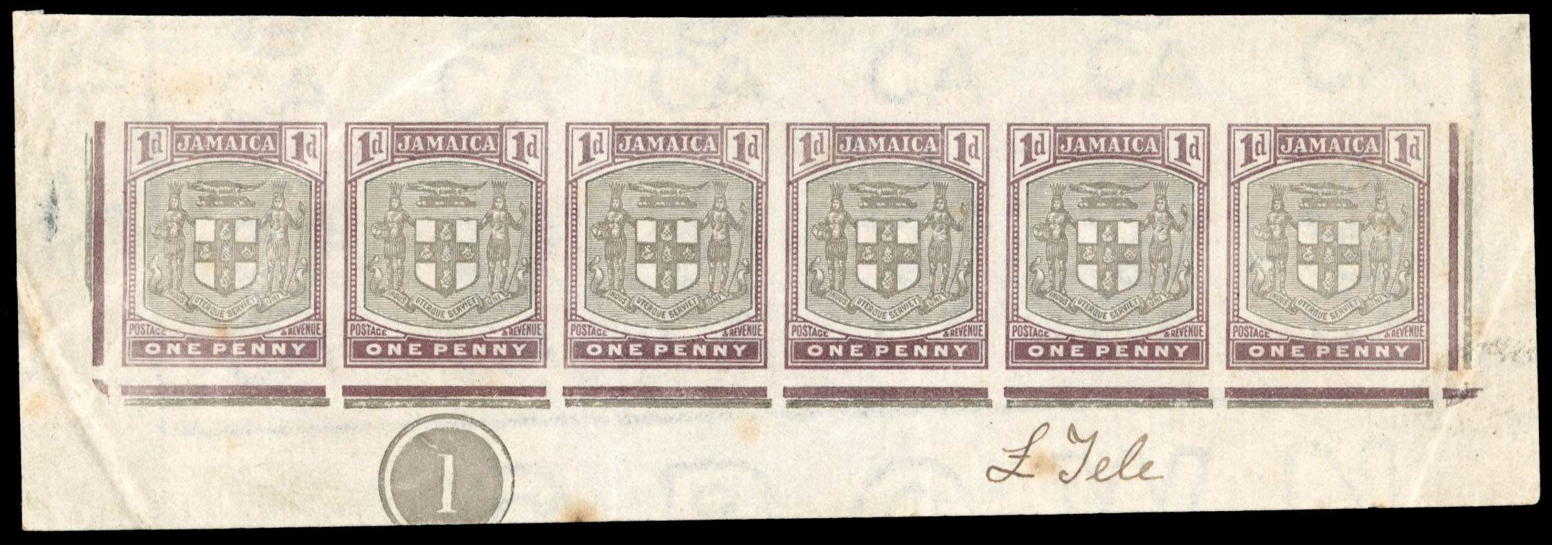 Jamaica SG 34 var Proof 1903-04 1d colour trial sheetlet