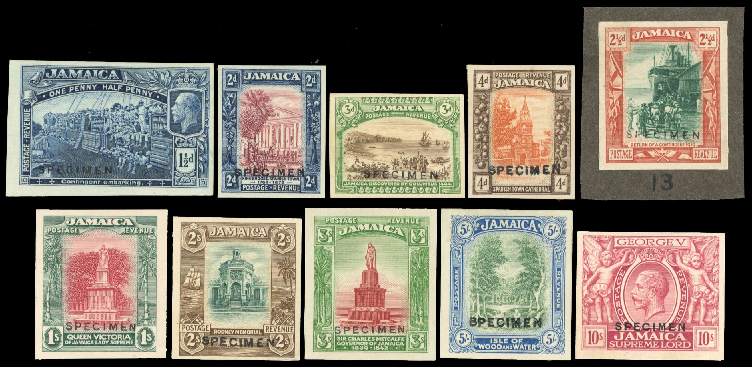 Jamaica SG 80/89 Proof 1922 (c.) printer's samples x10 overprinted Specimen