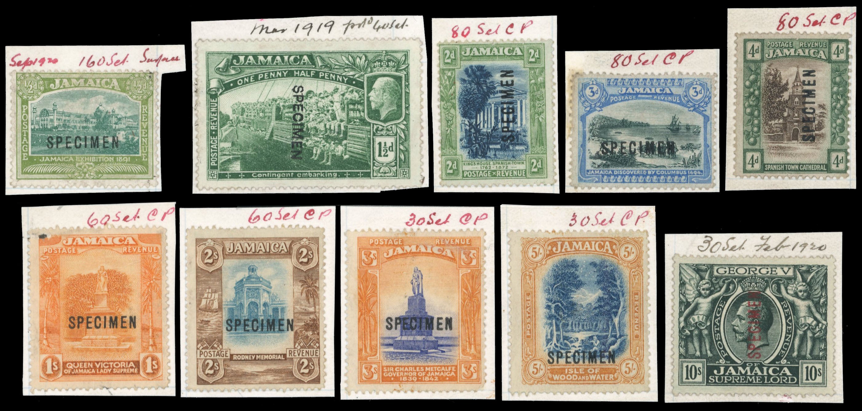 Jamaica SG 78, 80/81, 83/89 Specimen 1919-21 part set to 10s from DLR day book