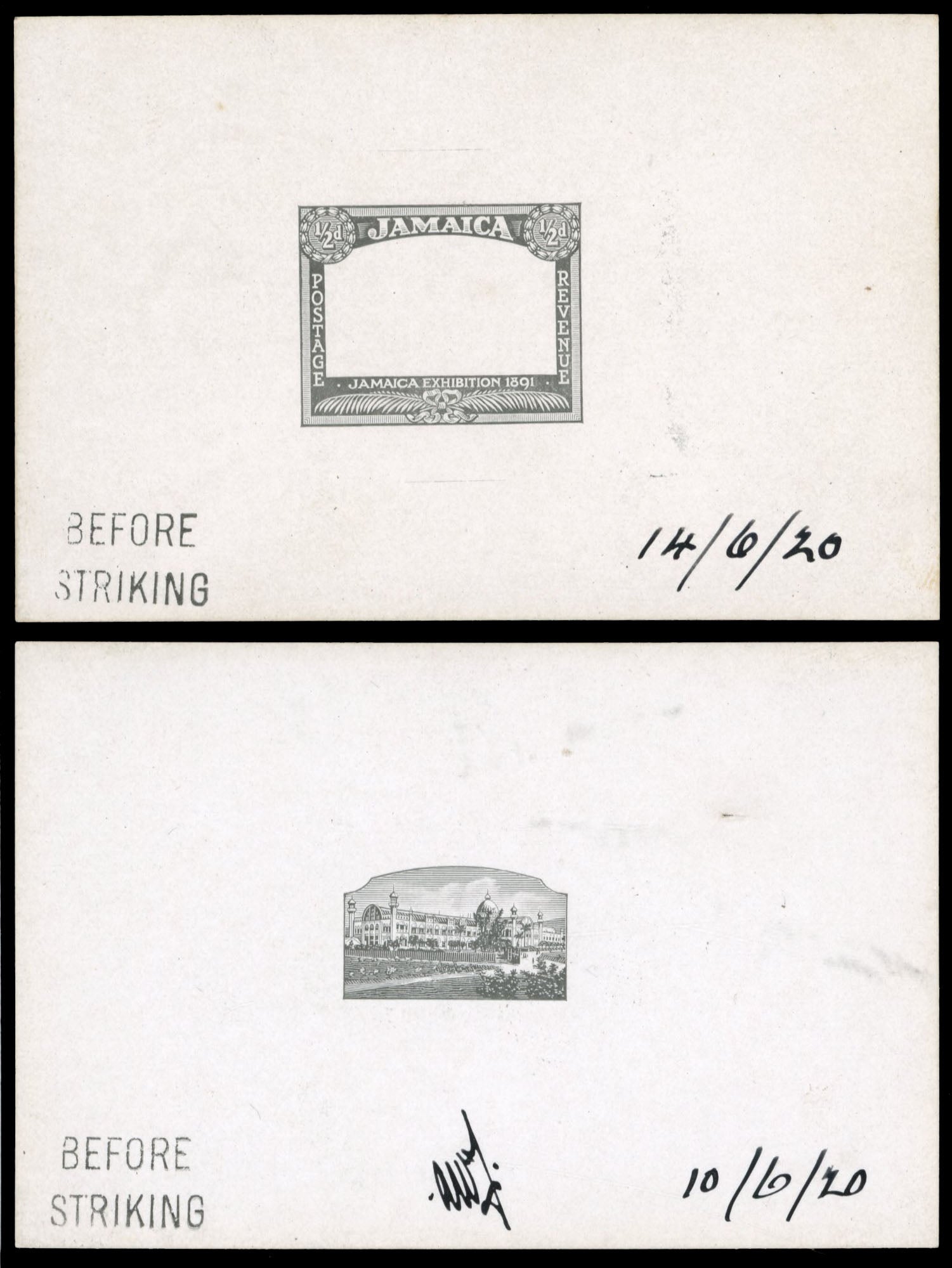 Jamaica SG 78 Proof 1920 ½d vignette and frame Before Striking