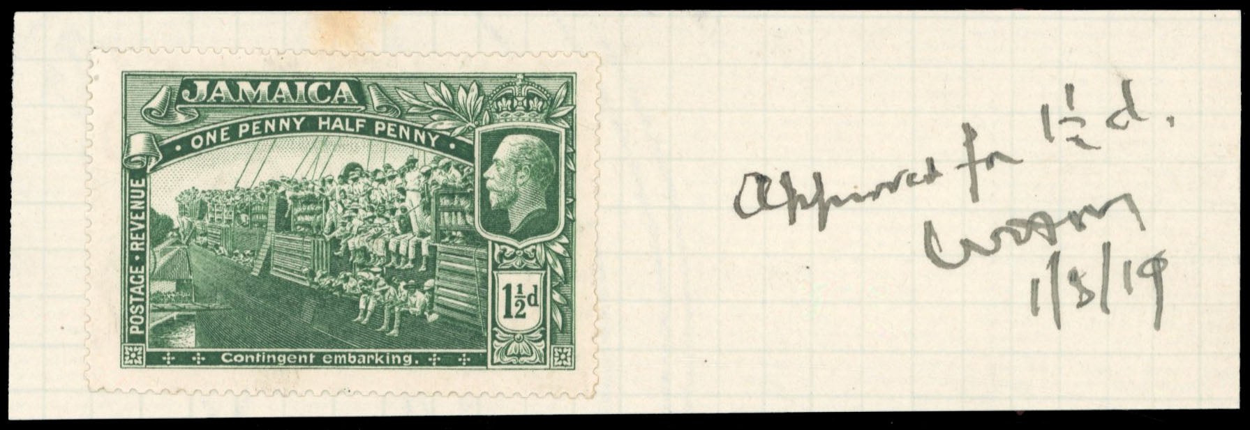 Jamaica SG 80 1919-21 Proof 1¬Ωd colour trial