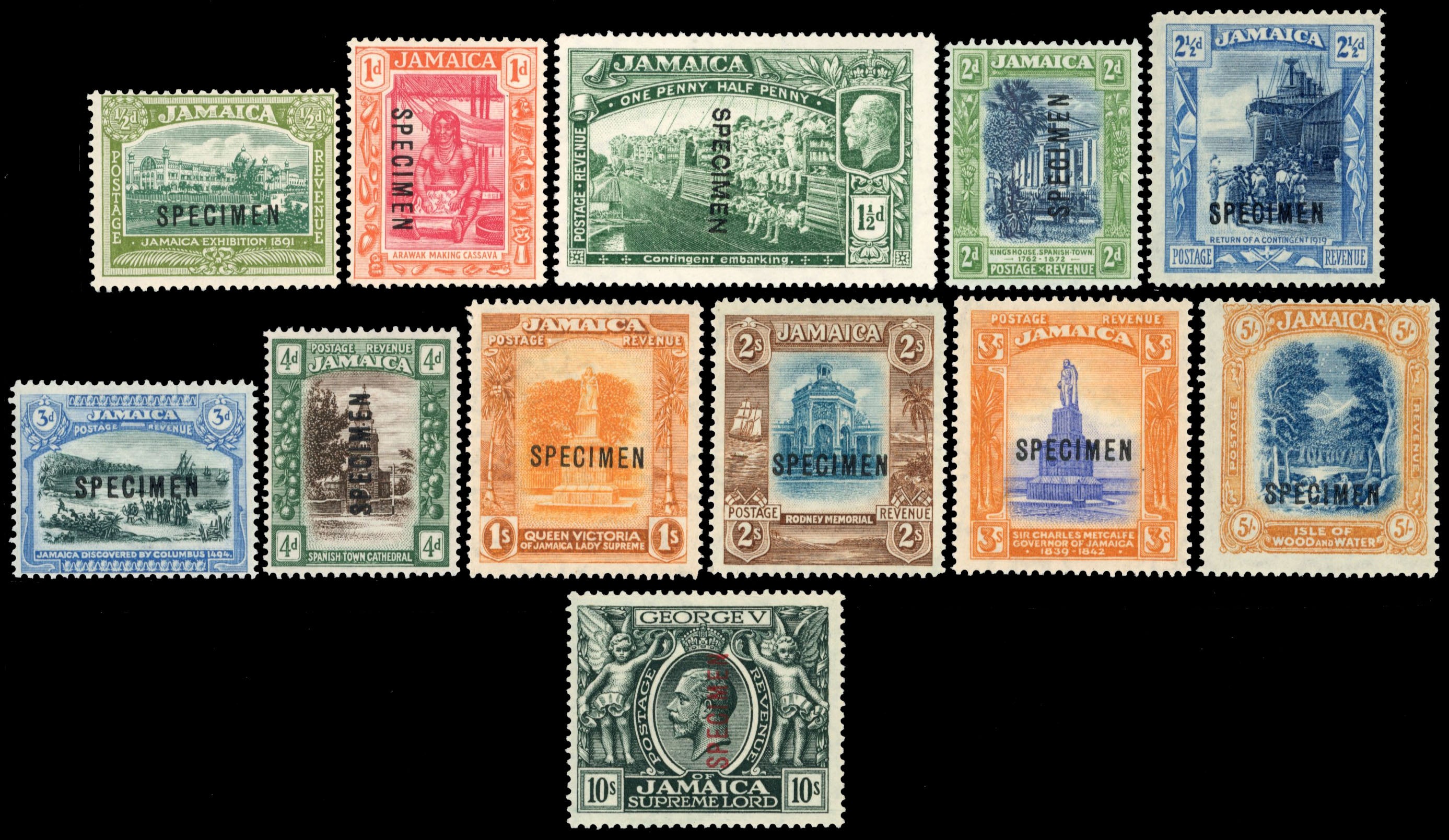 Jamaica SG 78s/89s Specimen 1919-21 set of 12 to 10s