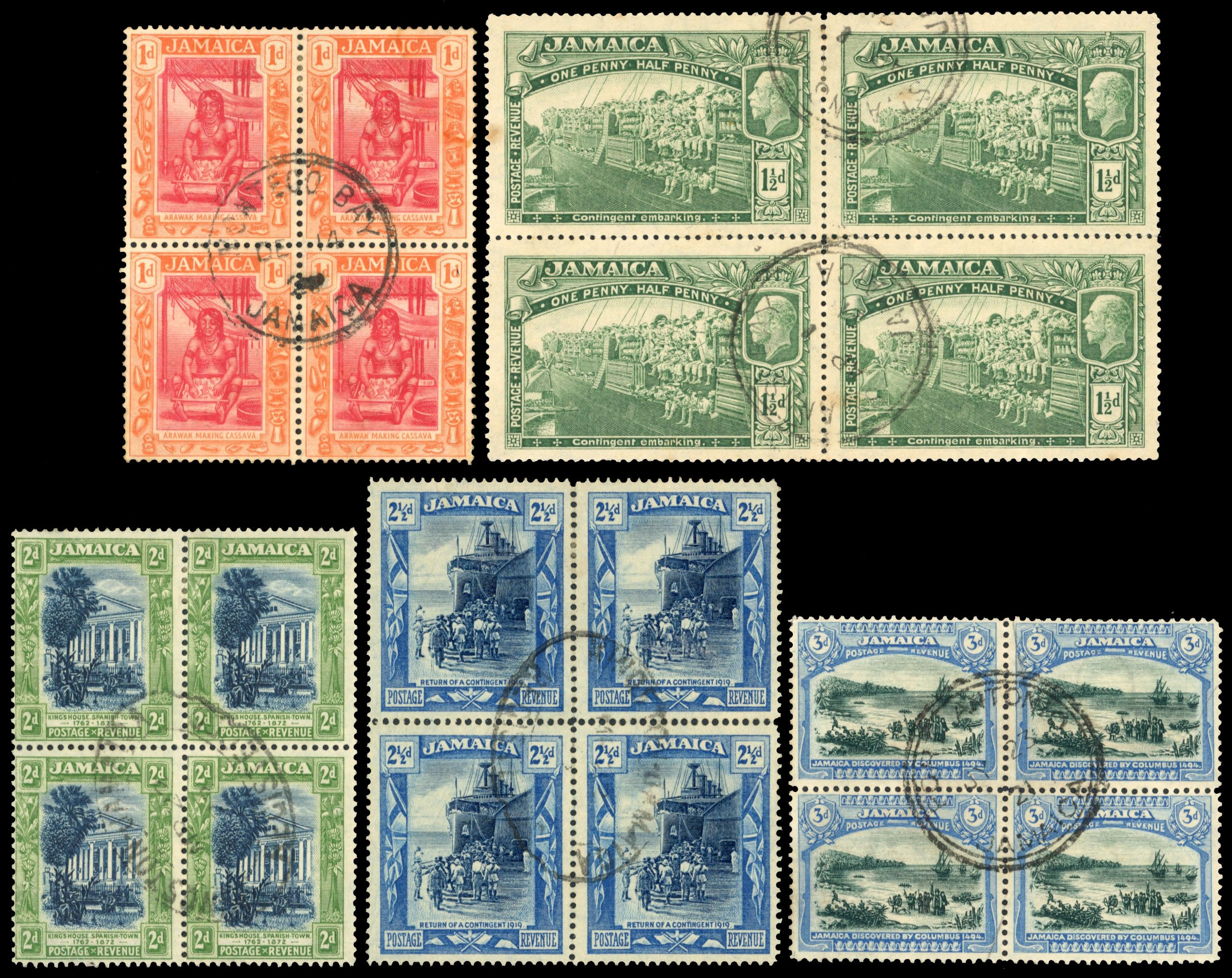 Jamaica SG 78/89 btwn Used 1919-21 part set to 10s blocks of 4