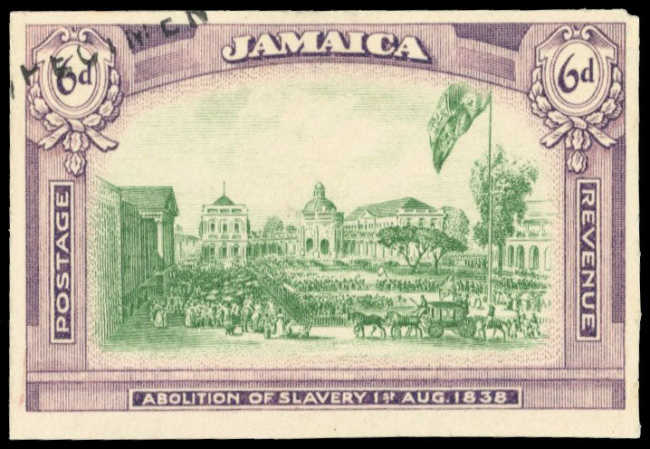 Jamaica SG 90 Proof 1921 Abolition of Slavery 6d printer's sample
