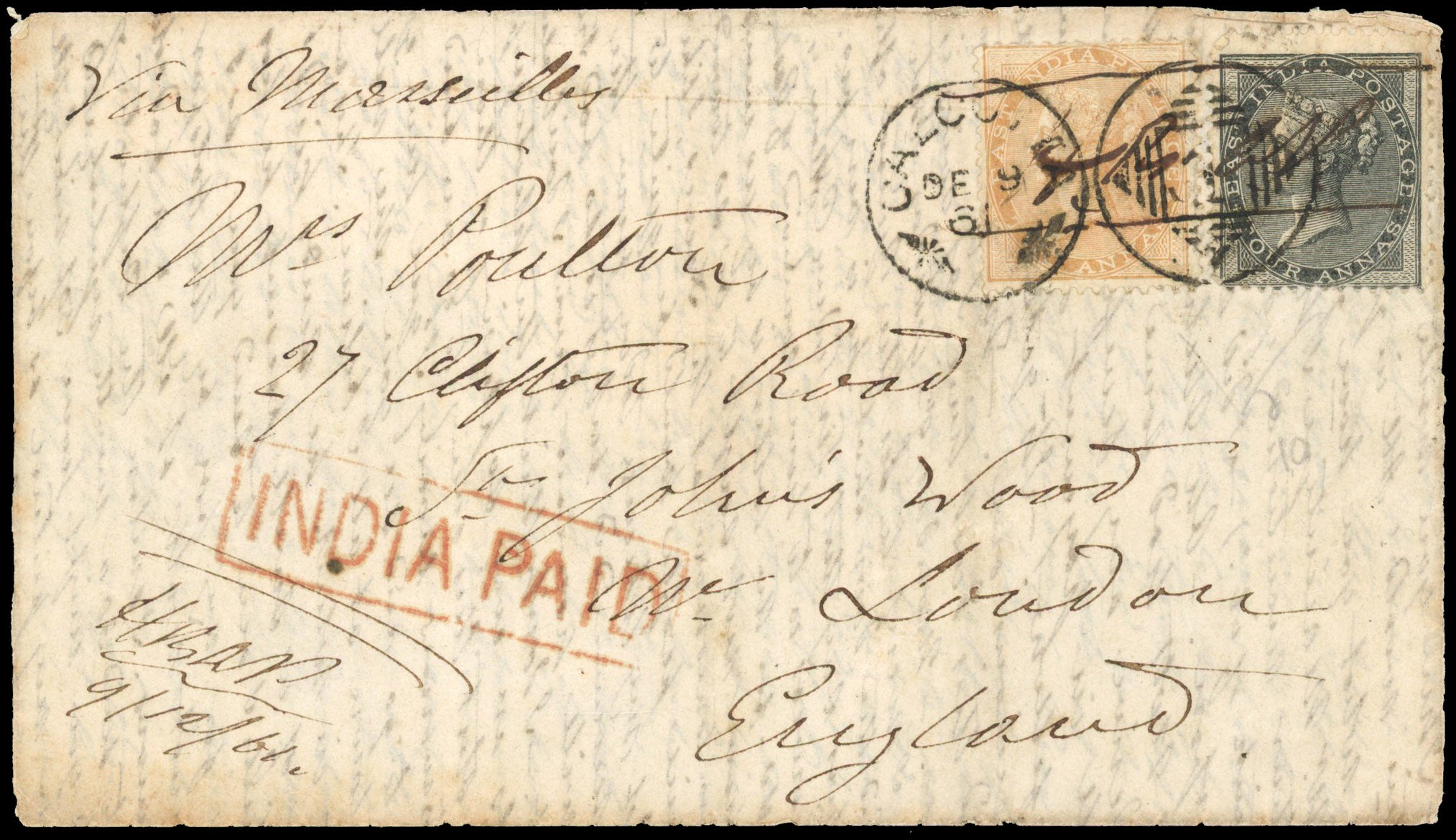 India 1861 cover from Calcutta to England with 1856-64 2a yellow-buff