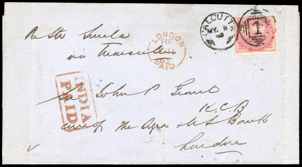 India SG 48 1862 cover from Calcutta to England with 1856-64 8a carmine