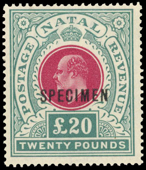 Natal SG 145bs Specimen 1902 £20 red and green
