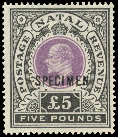 Natal SG 144s Specimen 1902 £5 mauve and black