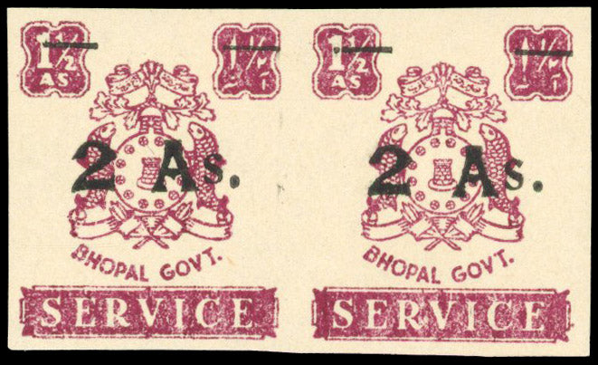 I.F.S. BHOPAL SG O356b Mint 1949 2a on 1½a imperf pair