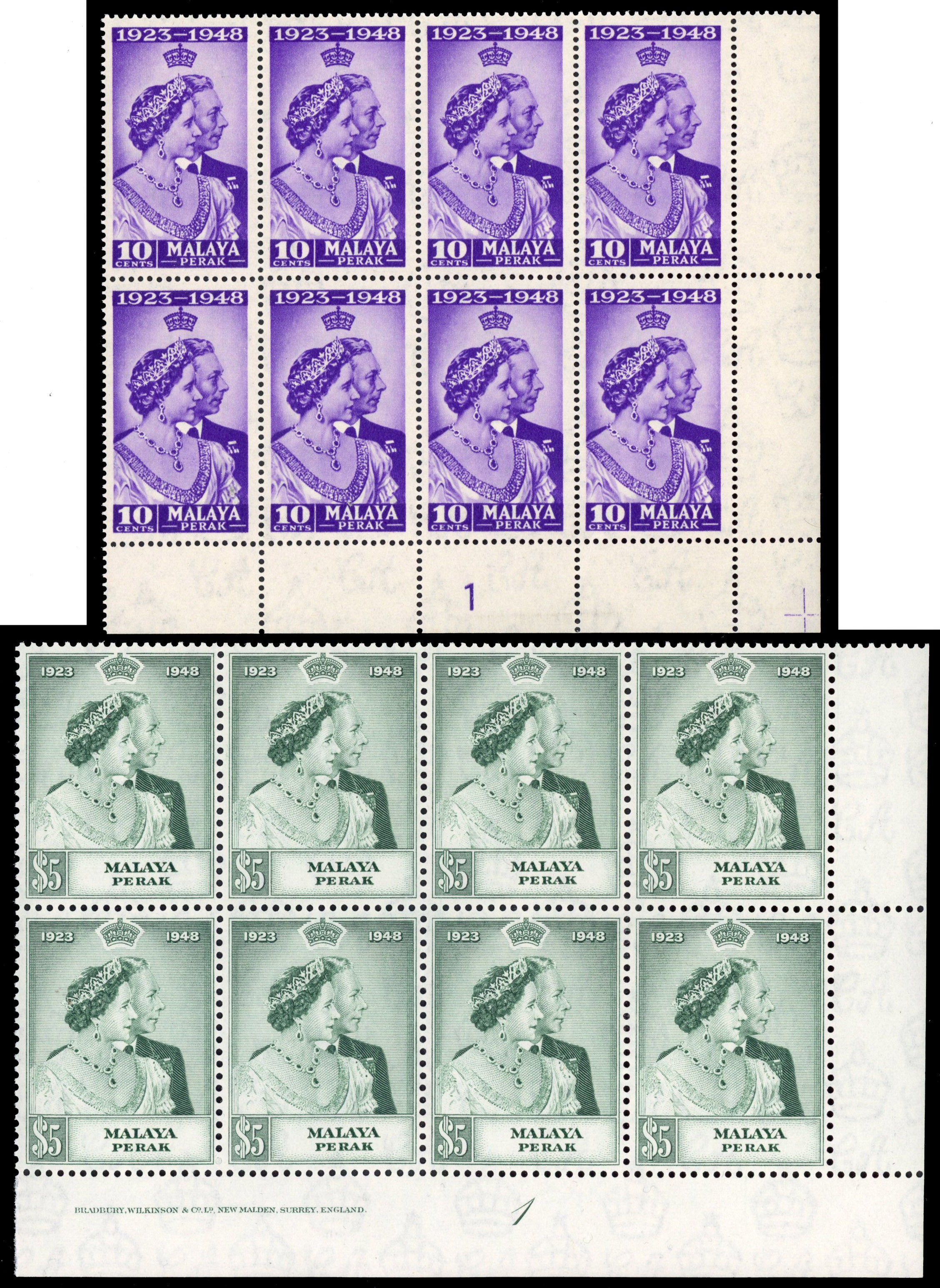 MALAYA PERAK SG 122/23 Unmounted Mint 1948 RSW set in plate blocks