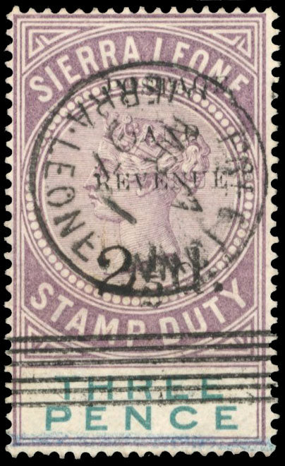 Sierra Leone SG 58 Used 1897 2½d on 3d dull purple and green type 12 surcharge