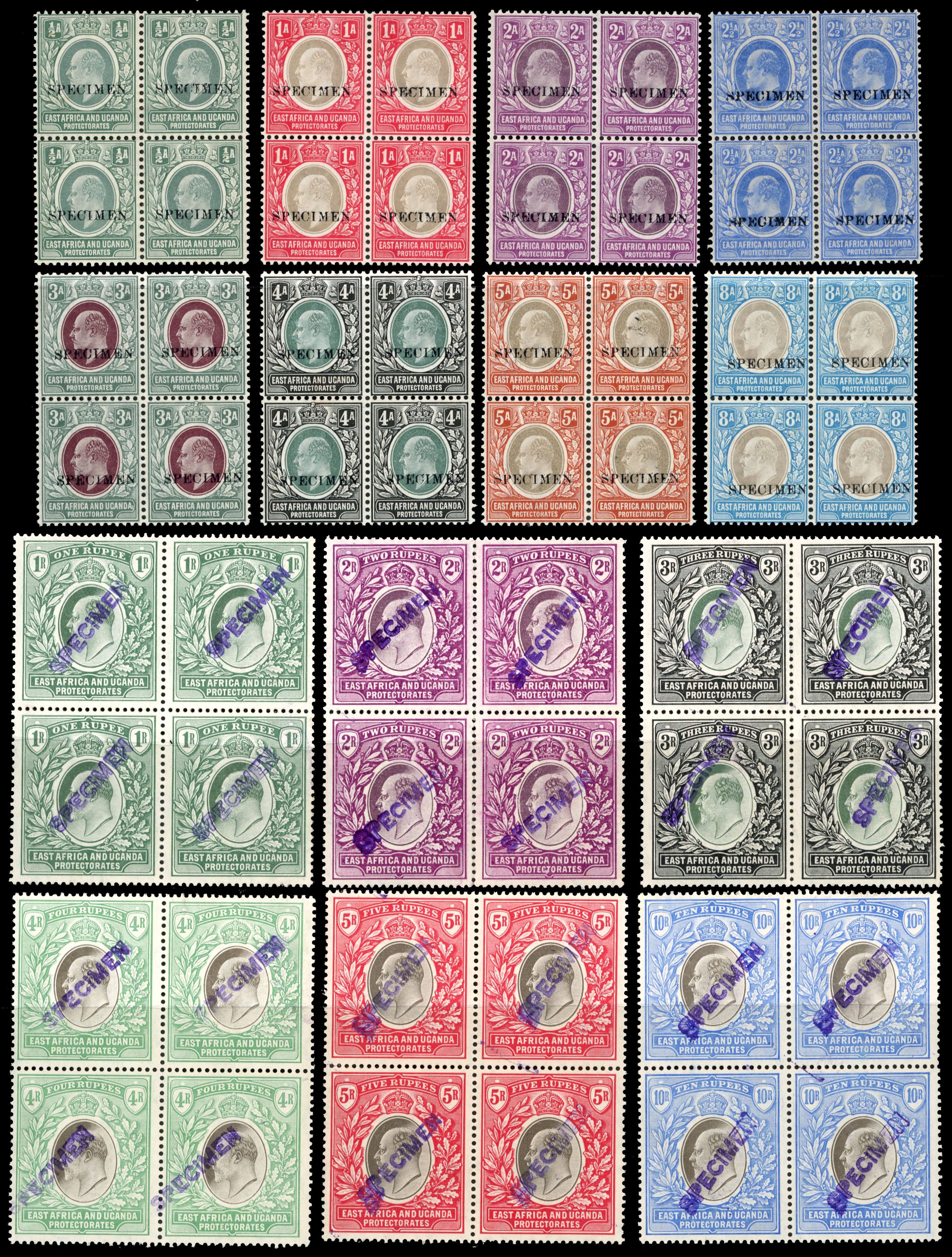 Kenya Uganda Tanganyika SG 17/31 Specimen 1904-07 set to 10r watermark MCA with unlisted overprint