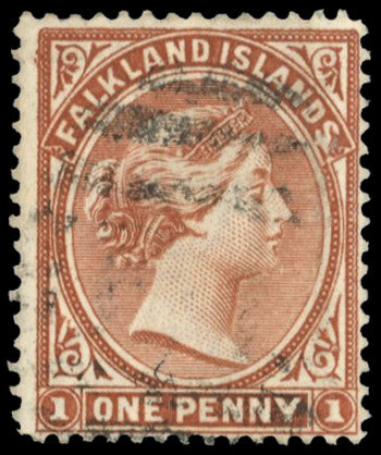 Falkland Islands SG 18w Used 1891-1902 1d orange red-brown variety watermark inverted