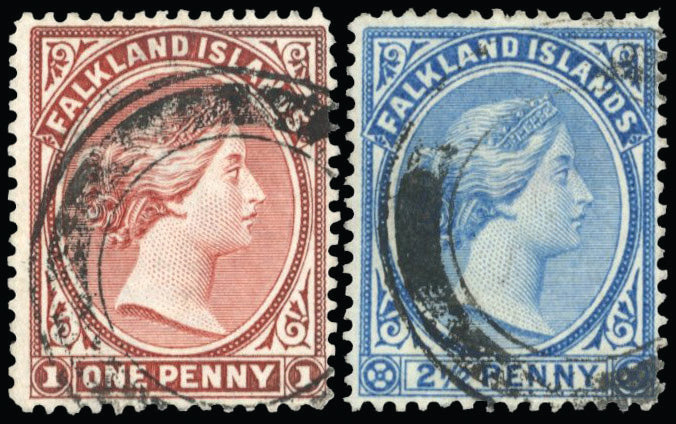Falkland Islands SG 22b, 28 Used 1891-1902 1d, 2¬Ωd with Post Office mail bag seal