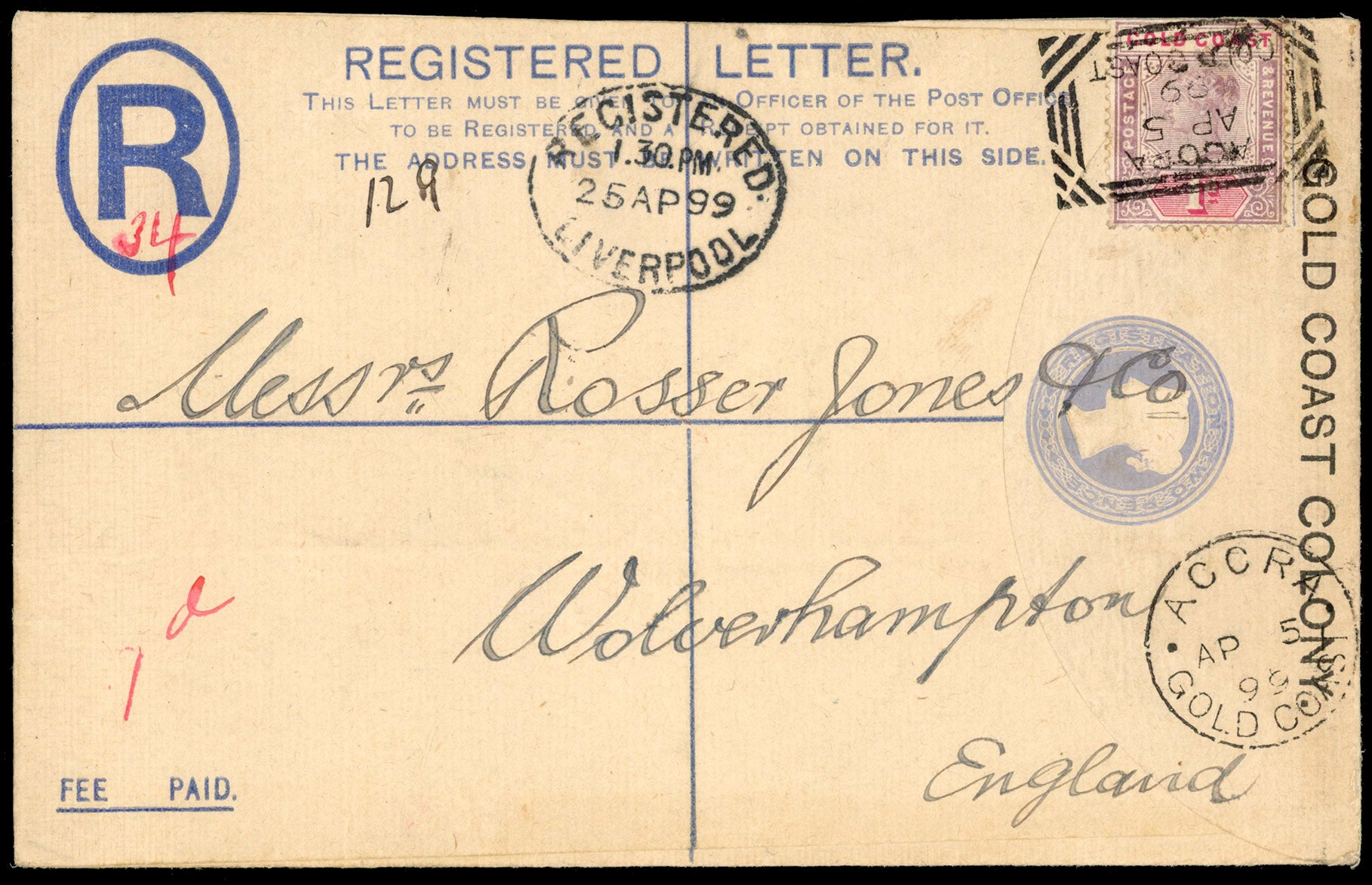 Gold Coast SG 27 Cover 1899 registered postal stationery envelope from Accra to England with locally made boxed datestamp