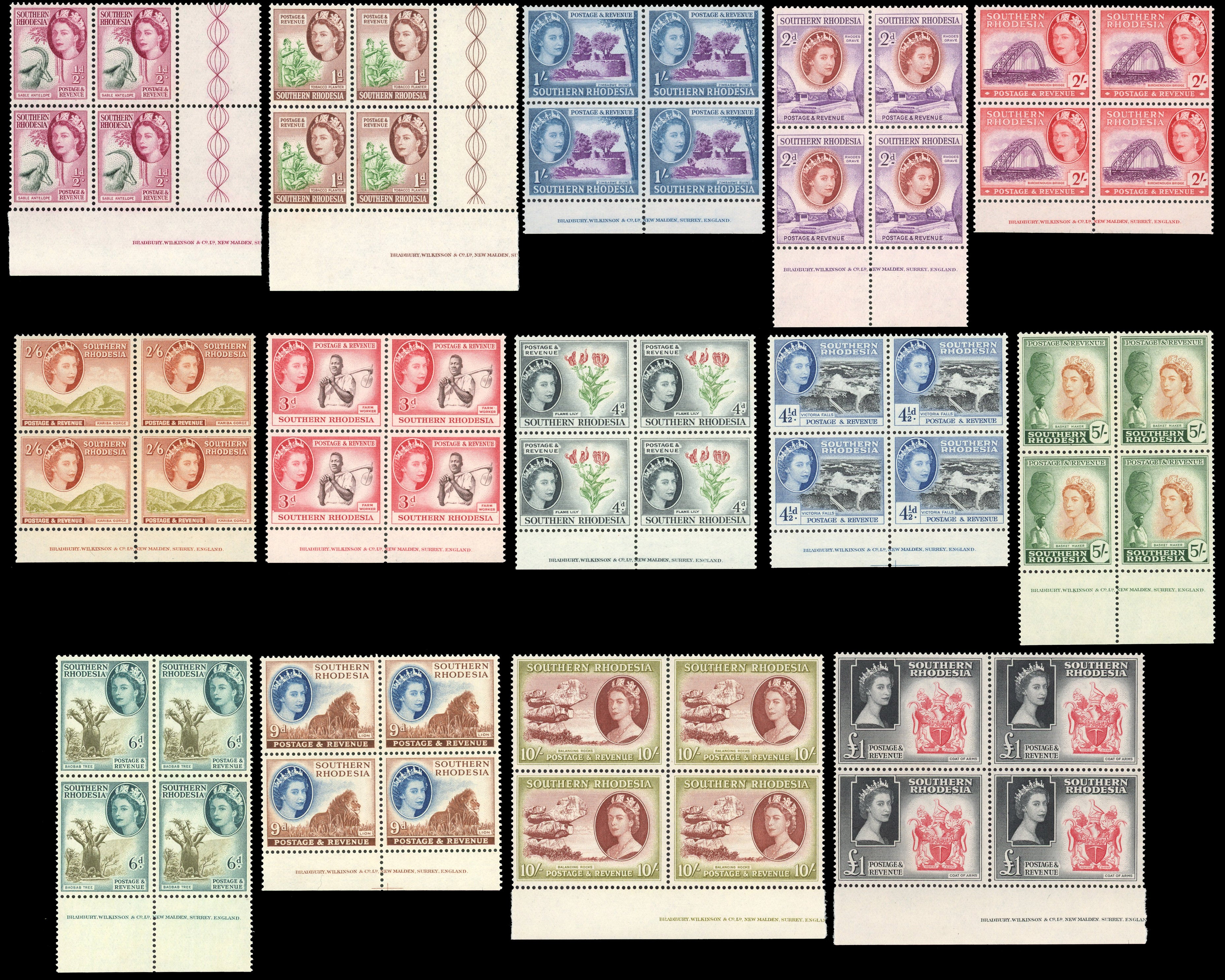 Southern Rhodesia SG 78/91 Unmounted mint 1953 QEII set of 14 imprint blocks