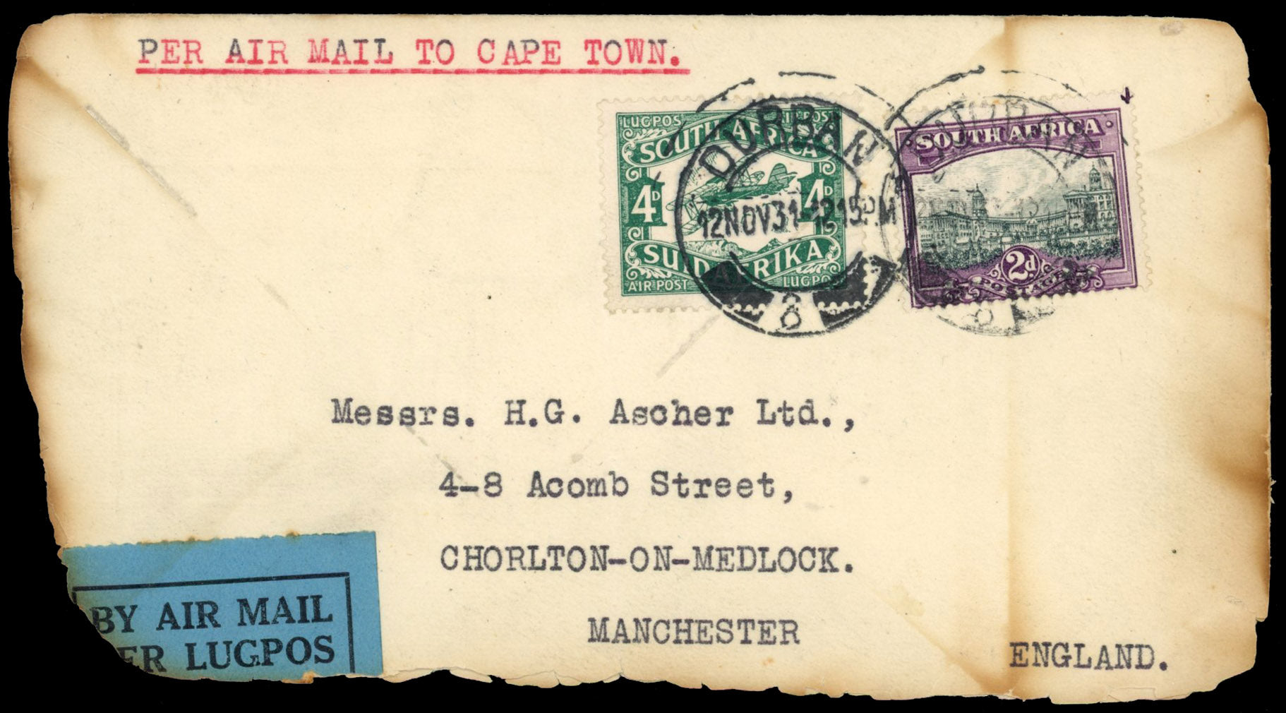 South Africa SG 40, 44 Wreck and Crash Mail 1931 cover from Port Elizabeth to Cape Town