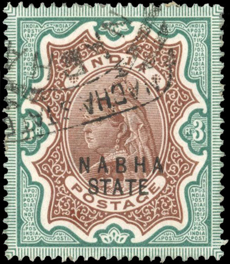 I.C.S. Nabha SG 32 Used 1885-1900 3r brown and green