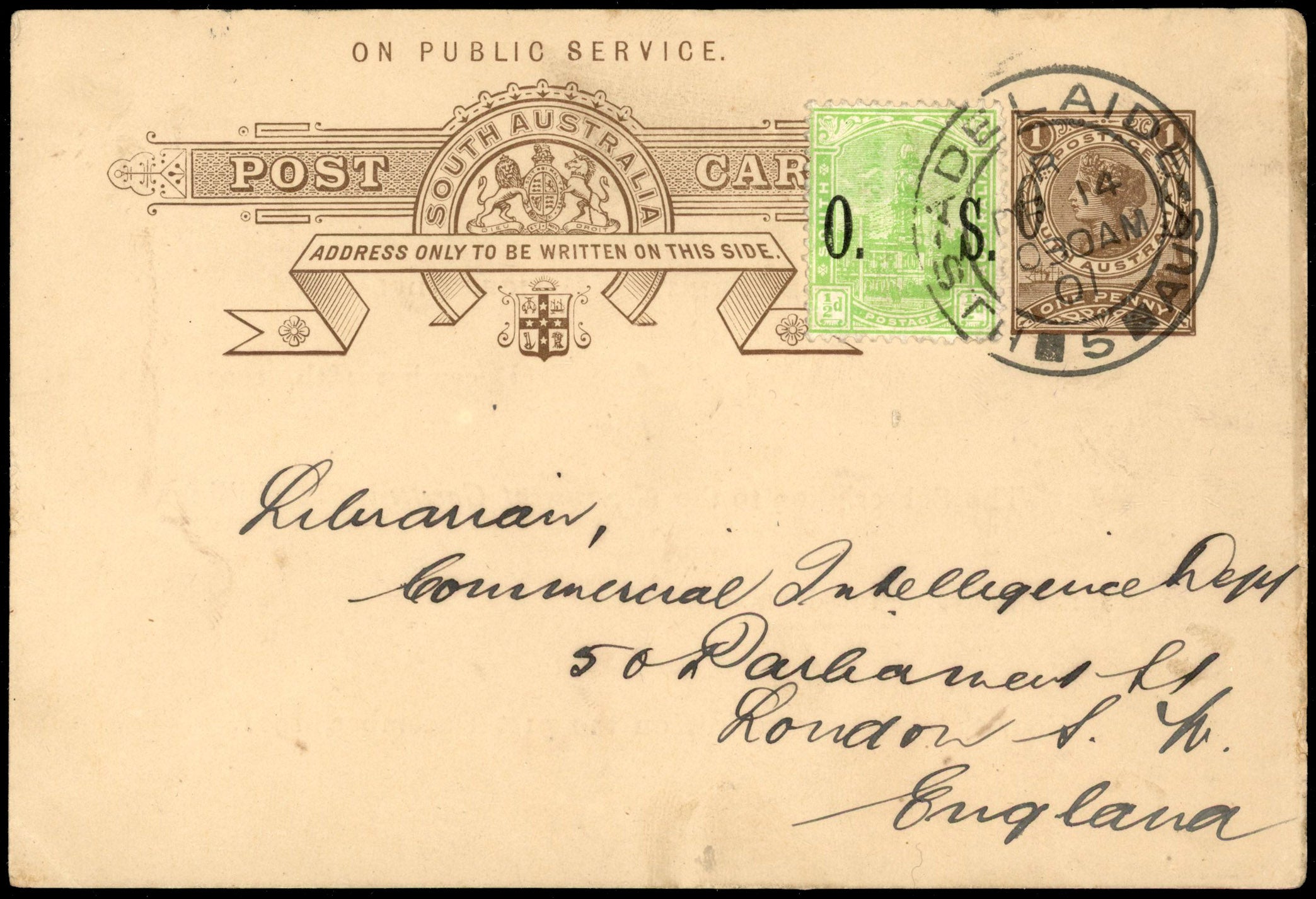 South Australia SG O80 Cover 1901 official 1d post card used to England
