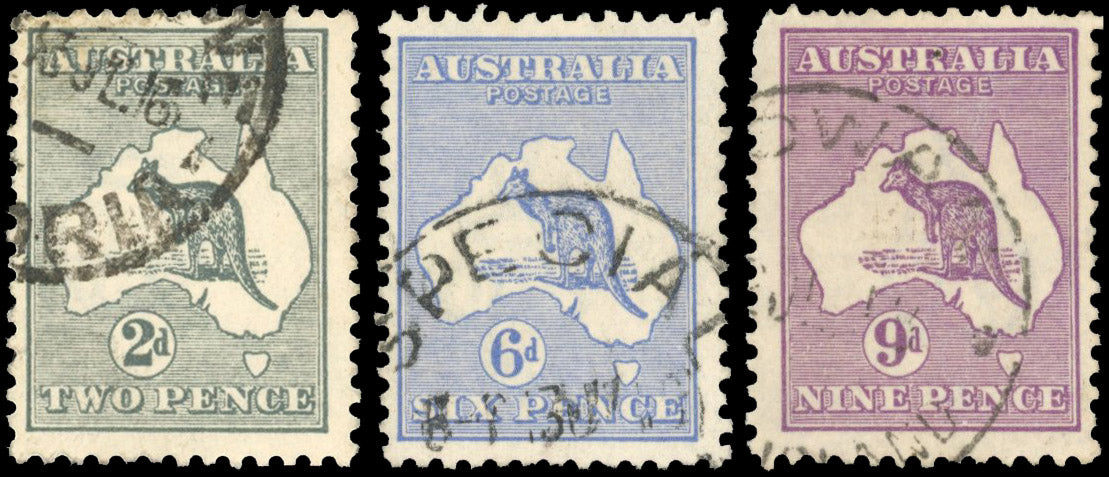 Australia SG 35bw, 38cw, 39aw Used 1915-27 2d, 6d, 9d with watermark inverted