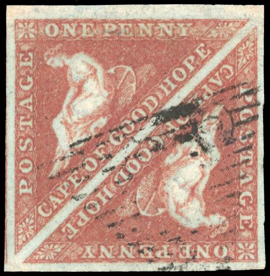 Cape of Good Hope SG 1a Used 1853 1d deep brick-red on deeply blued paper square pair