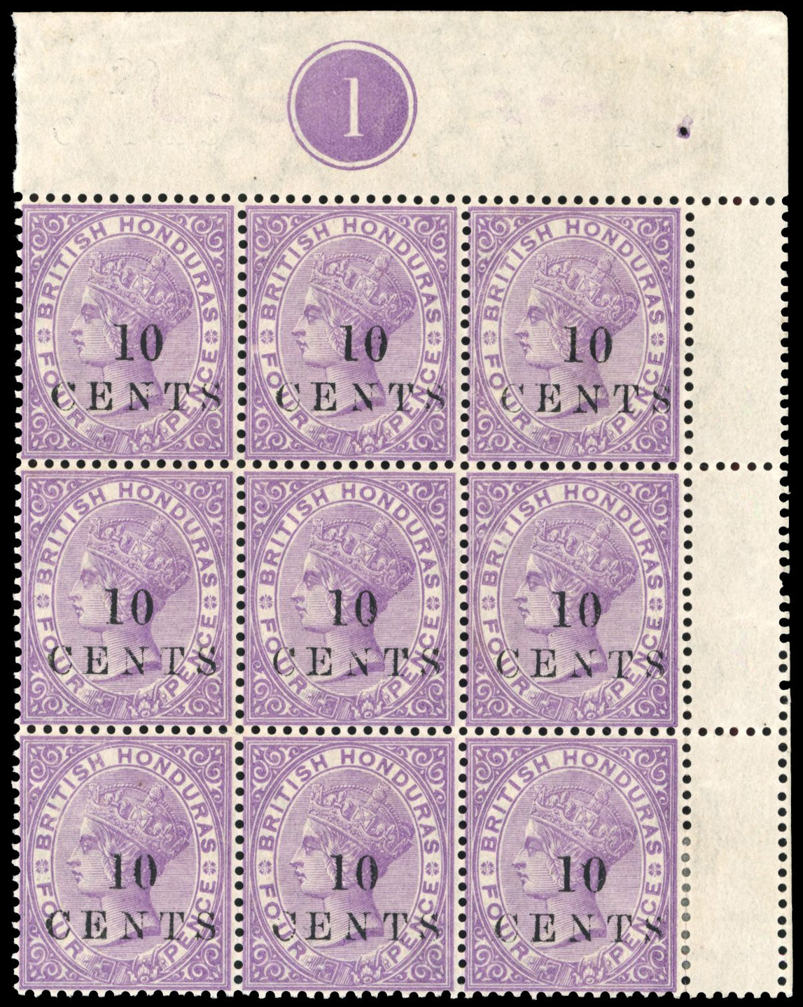 British Honduras SG 28 Mint 1888 10c on 4d mauve plate block of 9
