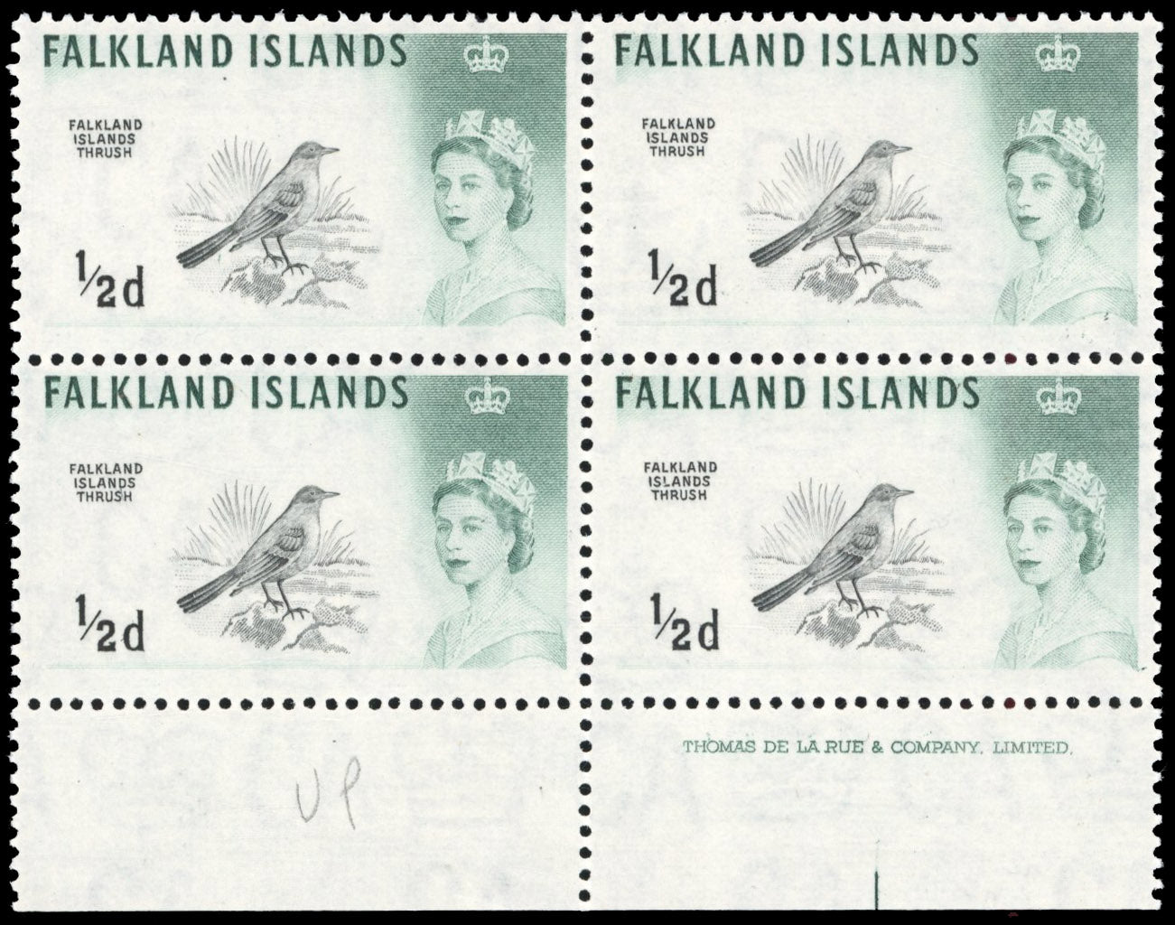 Falkland Islands SG 193a Unmounted mint 1960-66 Birds ½d DLR imprint block